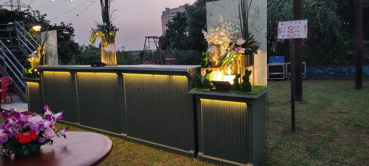 White floral decoration with lanterns at a wedding in Belapur, Navi Mumbai